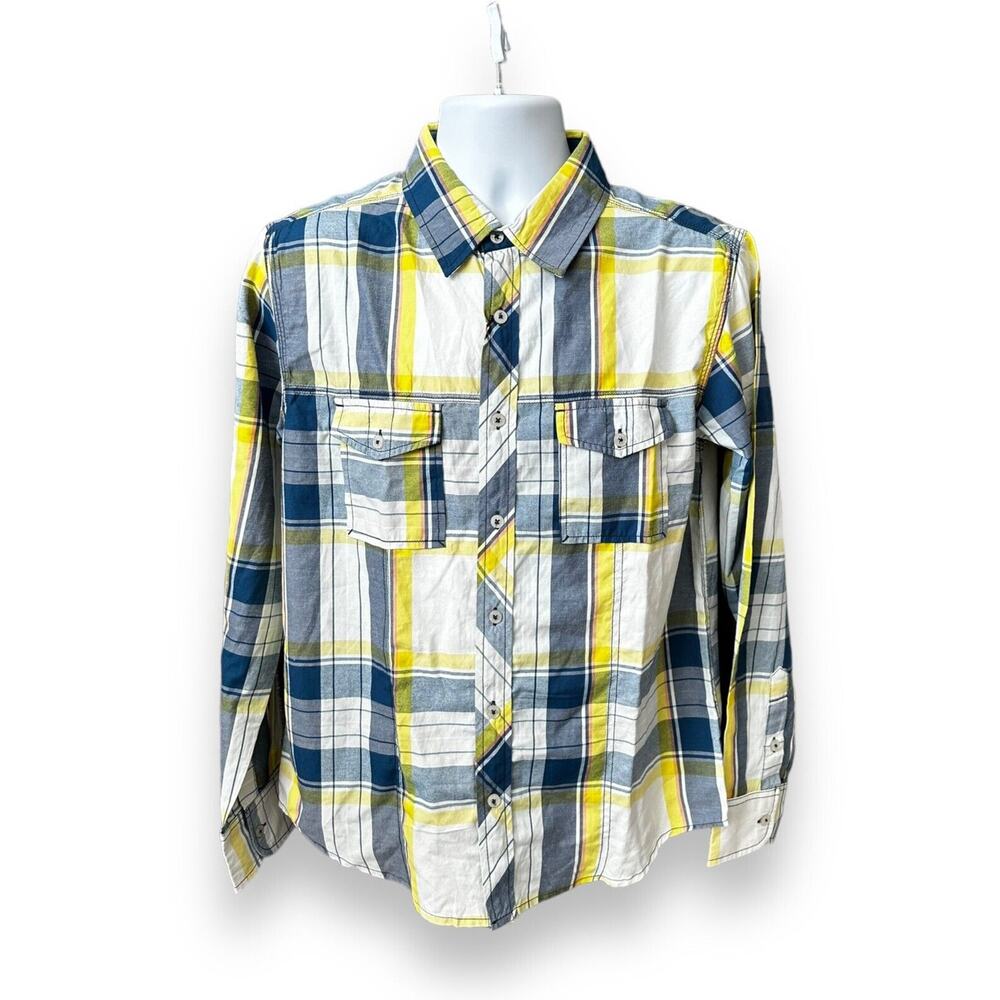 American Exchange Plaid Button Down Blue White Yellow Medium